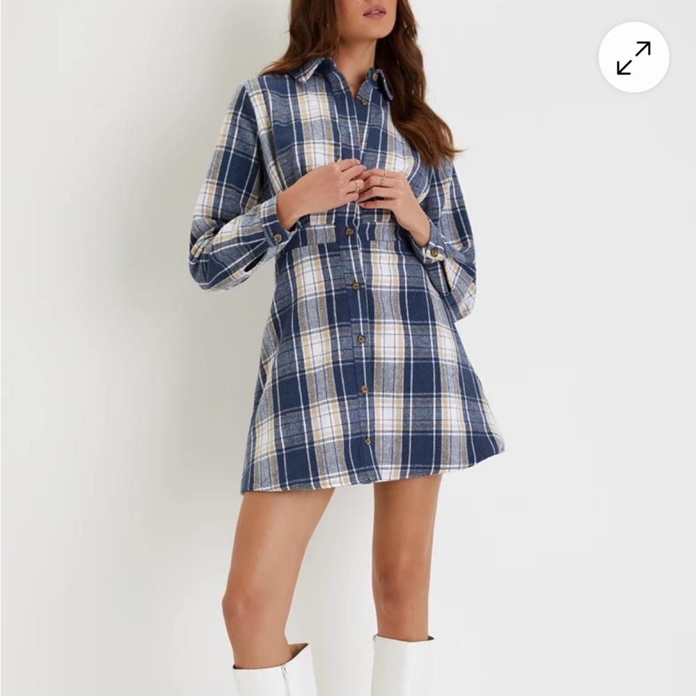 Lulu's Blue Plaid Long Sleeve Dress Mini Dress With pockets
